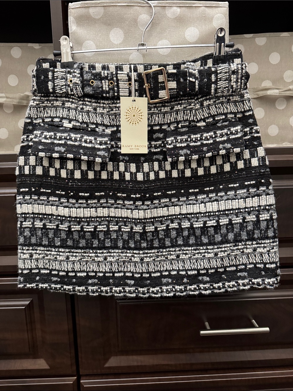 Ramy Brook Black and White Textured Mini Skirt with Belted Waist
